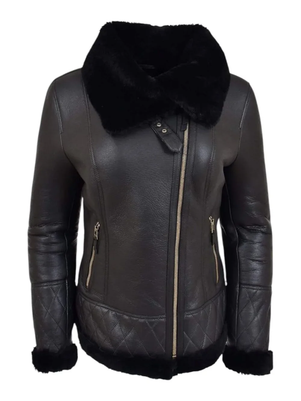 Shearling Aviator Jacket Womens Black 100% Sheepskin Leather B3 Bomber Coat XL - Picture 4 of 10